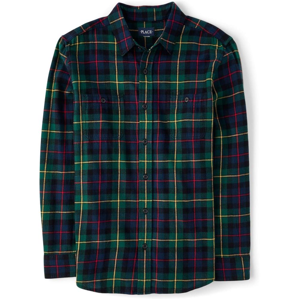 imageThe Childrens Place Mens Long Sleeve Button Up ShirtSpruce Plaid Flannel  Dad