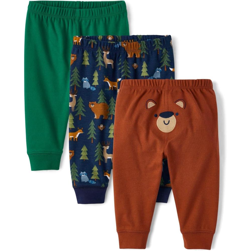 imageThe Childrens Place babyboys Cotton PantsAnimalsBear FaceGreen 3pack