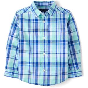 The Children’s Place Boys and Toddler Poplin Long Sleeve Button Down Shirt(Mellow Aqua Plaid)
