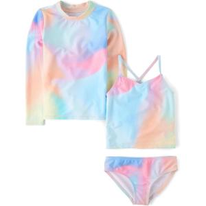 The Children’s Place Girls Rashguard and Swimsuit Set(Rainbow Blue 3-piece)