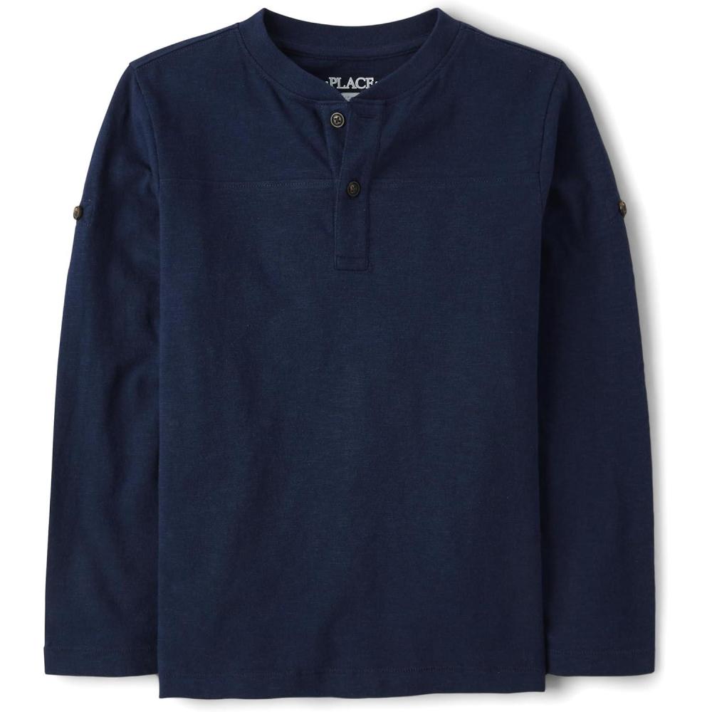 imageThe Childrens Place Boys Long Sleeve Rolled Cuff Henley ShirtTidal Blue