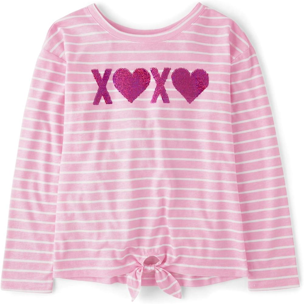 imageThe Childrens Place Girls Long Sleeve Knit Tie Front TopPink Xoxo