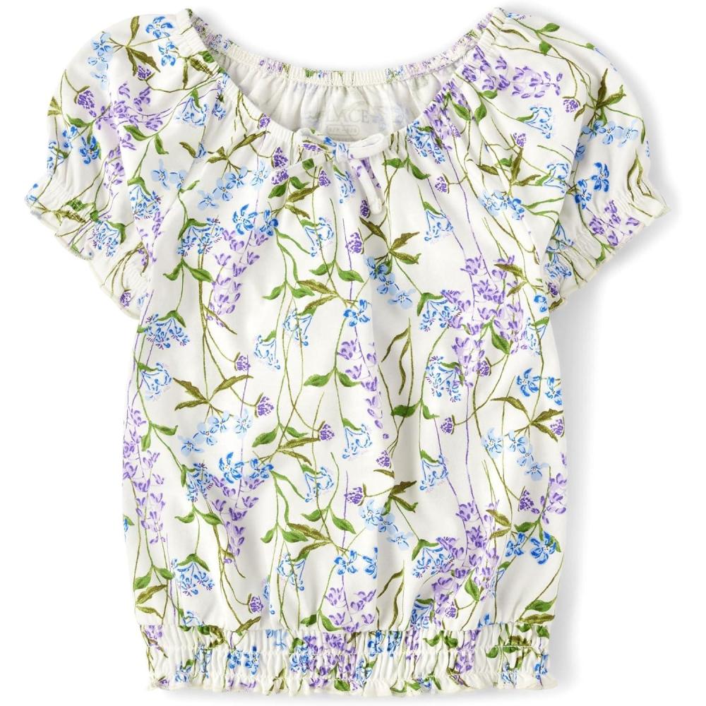 imageThe Childrens Place Girls Smocked Short Sleeve TopsFloral Hem Puff