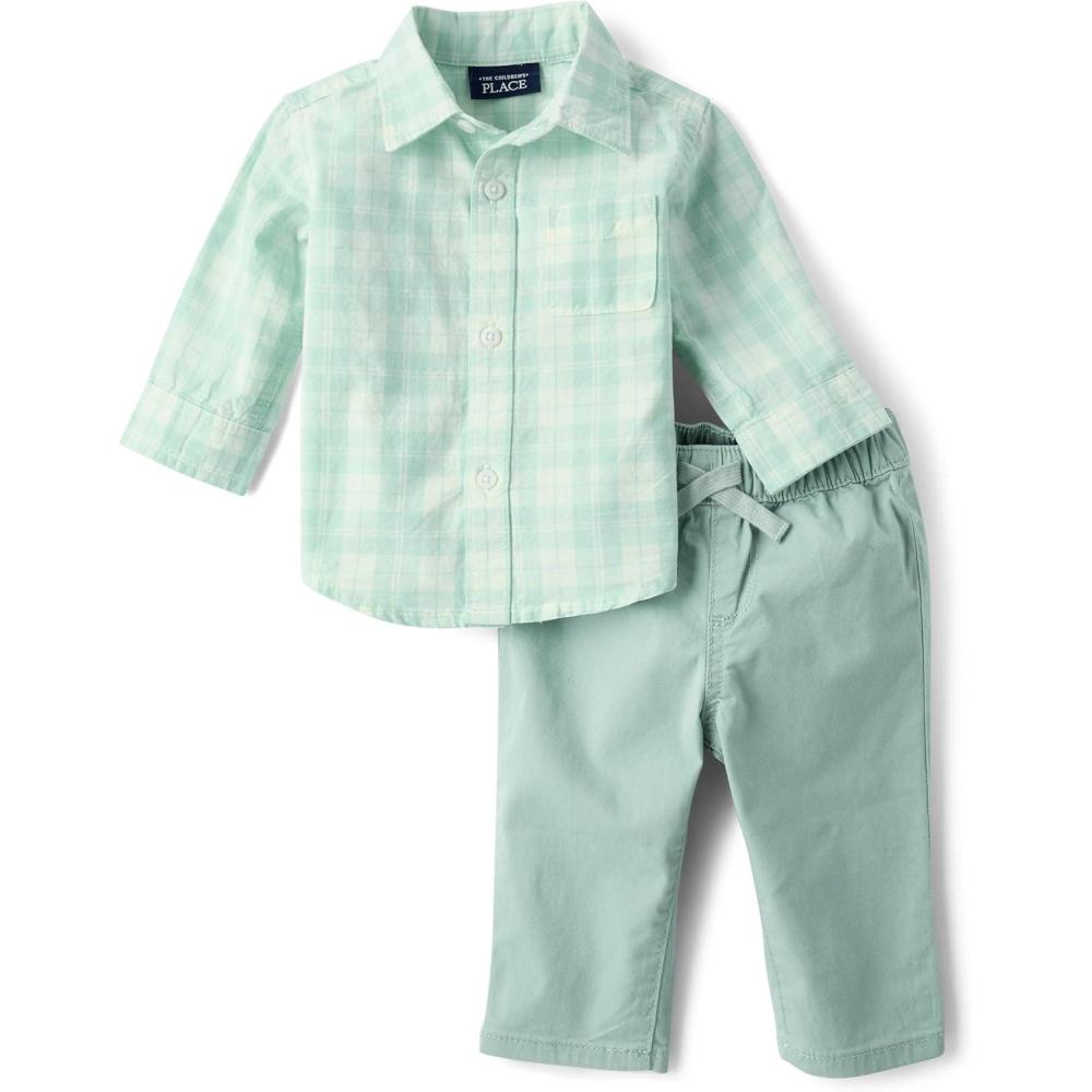 imageThe Childrens Place babyboys And Newborn Long Sleeve Top and Pants2piece Outfit SetMint Plaid