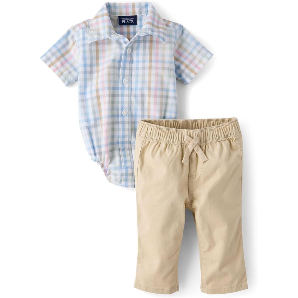imageThe Childrens Place babyboys And Newborn Short Sleeve Top and Pants2piece Outfit SetRainbow Plaid