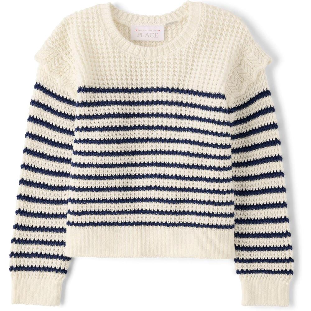 imageThe Childrens PlaceBaby Girlsand Toddler Long Sleeve Crew Neck Pullover SweaterIvory Stripes5 Years