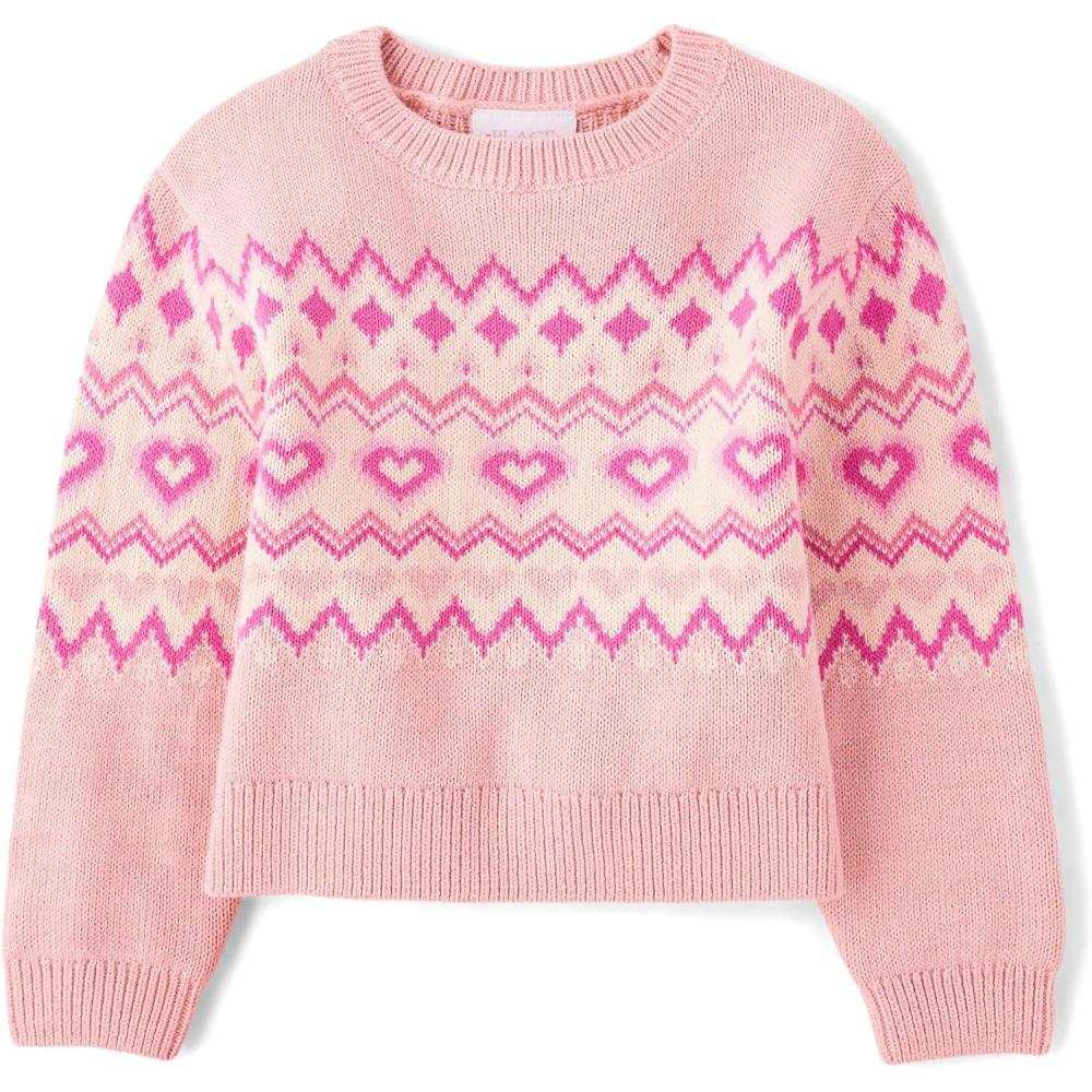 imageThe Childrens Place Girls Long Sleeve Crew Neck Pullover SweaterFuzzy Pink Fairisle