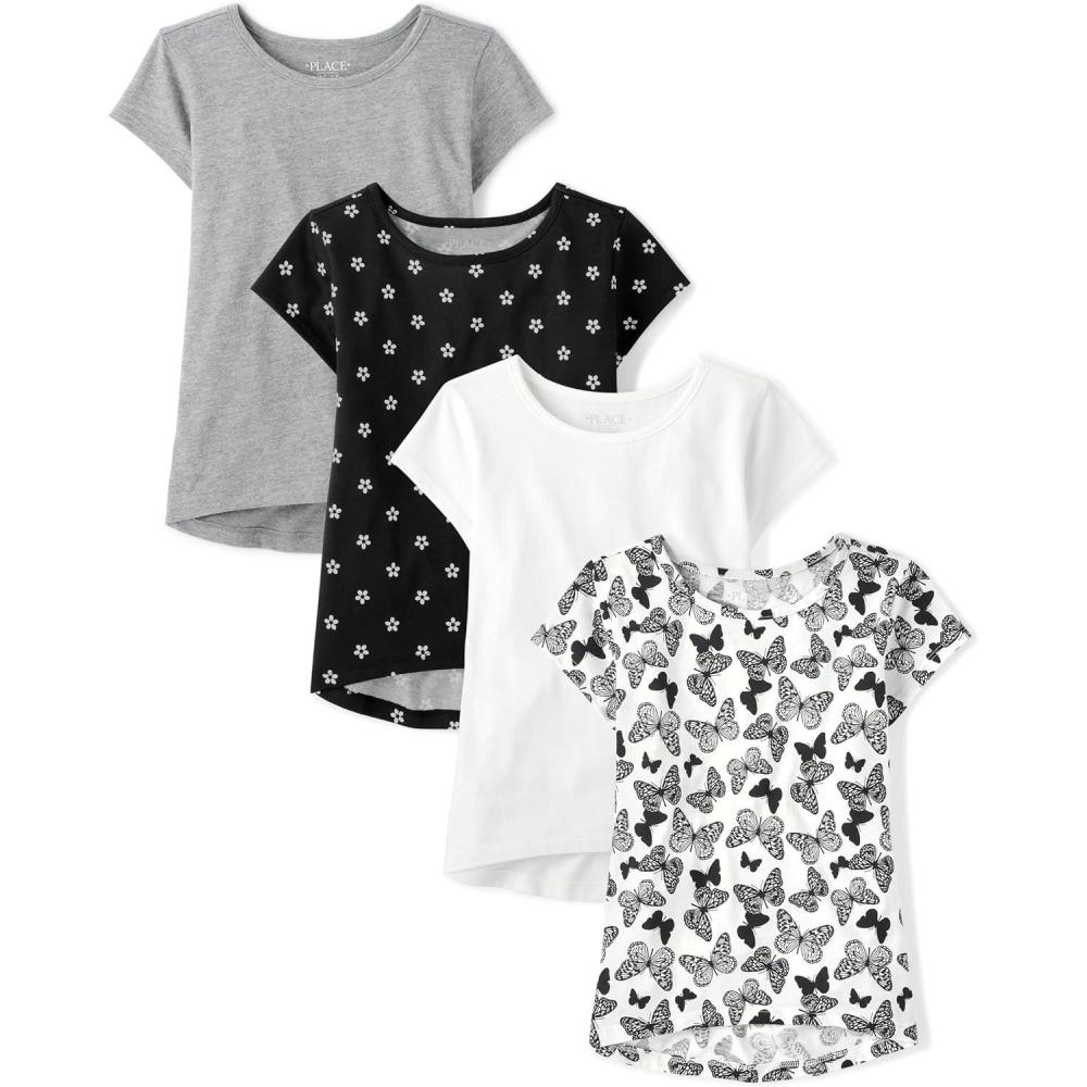 imageThe Childrens Place Girls Short Sleeve Graphic High Low TopGreyBlack FlowerWhiteButterfly 4pack
