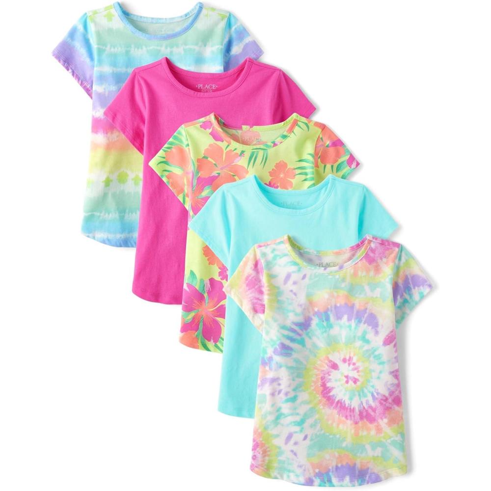 imageThe Childrens Place Girls Short Sleeve Graphic High Low TopPink Summer 5pack
