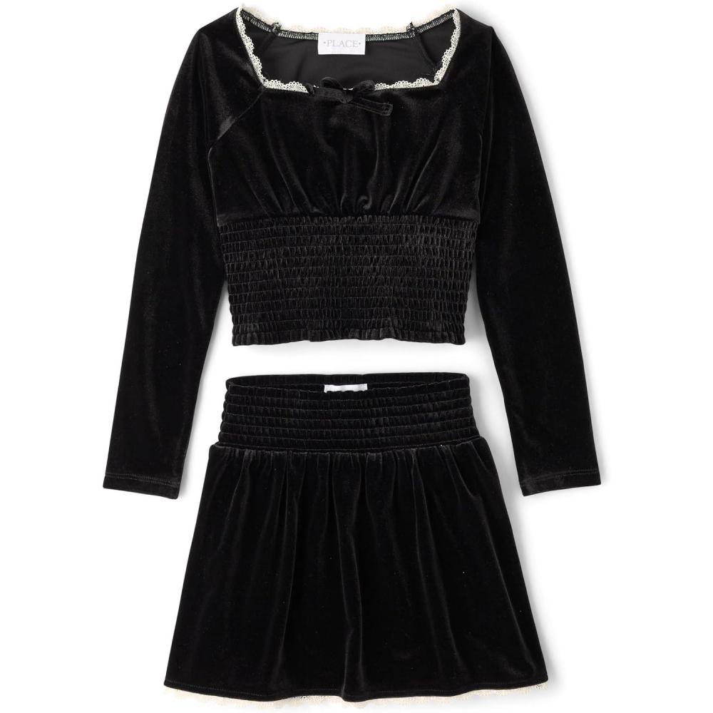 imageThe Childrens Place Girls Smocked Top and Skirt 2 Piece SetBlack Velour