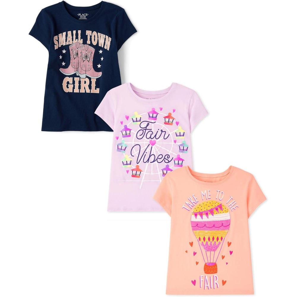 imageThe Childrens Place Girls SportsTrendsIcons Short Sleeve Graphic TShirts3 PackSmall Town GirlFair VibesFair