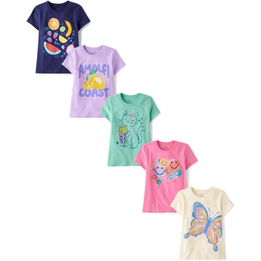 imageThe Childrens Place Girls Trends Icons Short Sleeve Graphic Tshirts 5PackLemonButterflyCatFruitFaces