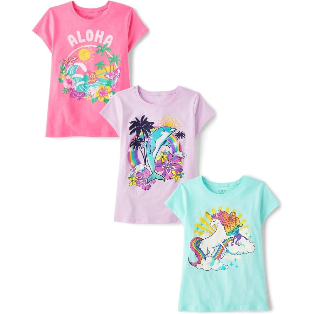 imageThe Childrens Place Girls UnicornsButterfly Short Sleeve Graphic TShirts3 PackRainbow UnicornAlohaDolphin
