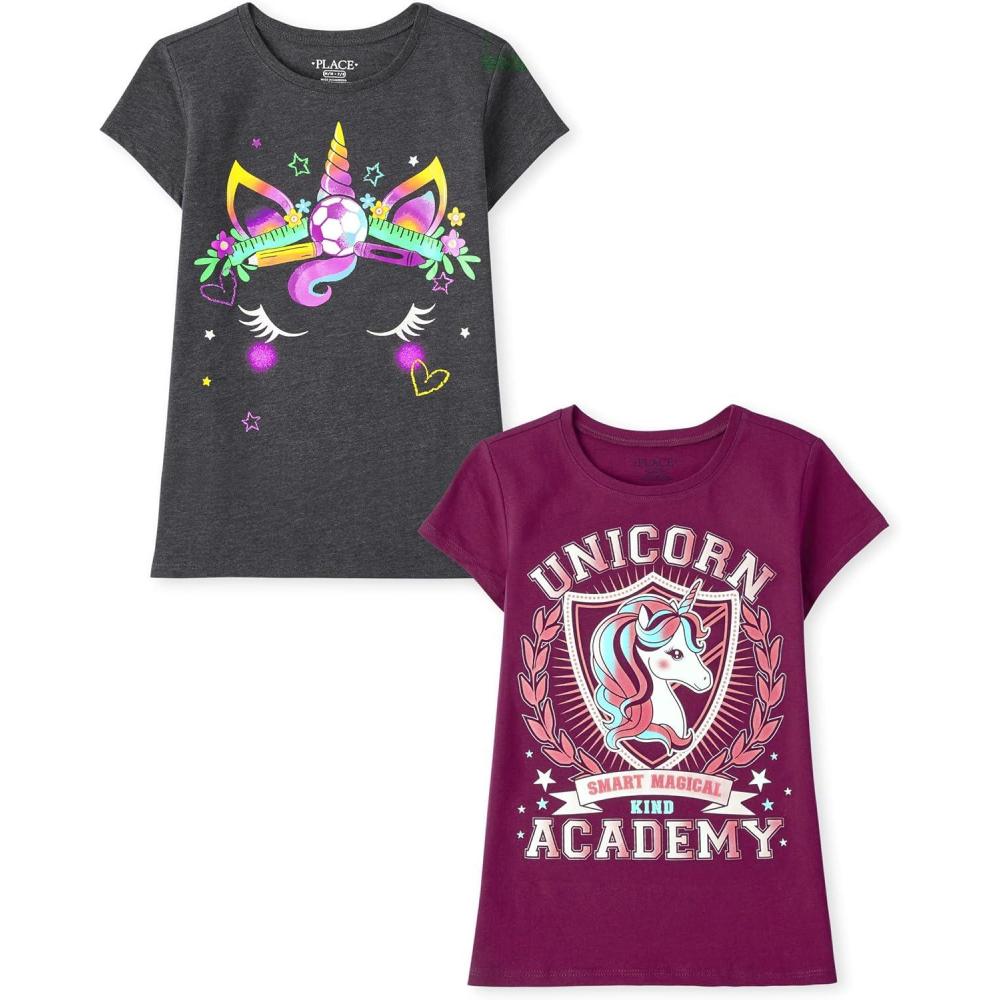 imageThe Childrens Place Girls UnicornsSportsButterflies Short Sleeve Graphic TShirts2 PackUnicorn AcademySoccer Unicorn