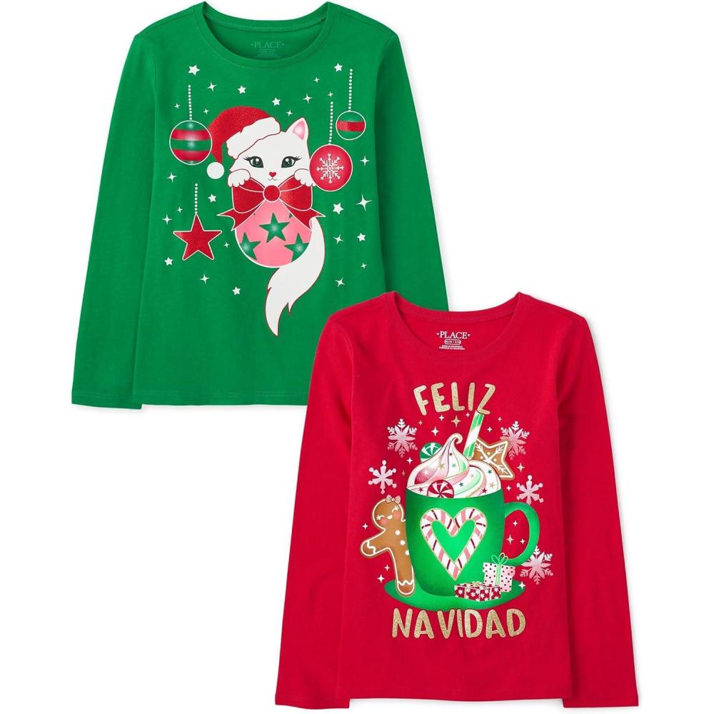imageThe Childrens Place Kids All HolidaysBirthdays Long Sleeve Graphic TShirts2 PackCat OrnamentsFeliz Navidad