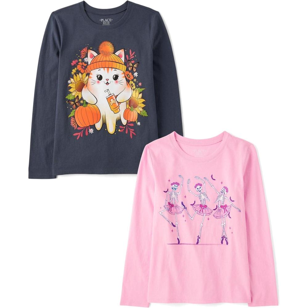imageThe Childrens Place Kids All HolidaysBirthdays Long Sleeve Graphic TShirts2 PackCatSkeletons