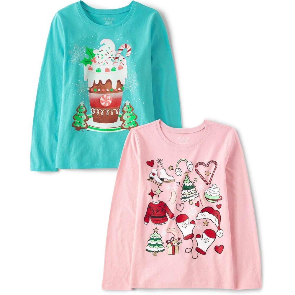 imageThe Childrens Place Kids All HolidaysBirthdays Long Sleeve Graphic TShirts2 PackHoliday DoodleHoliday Drink