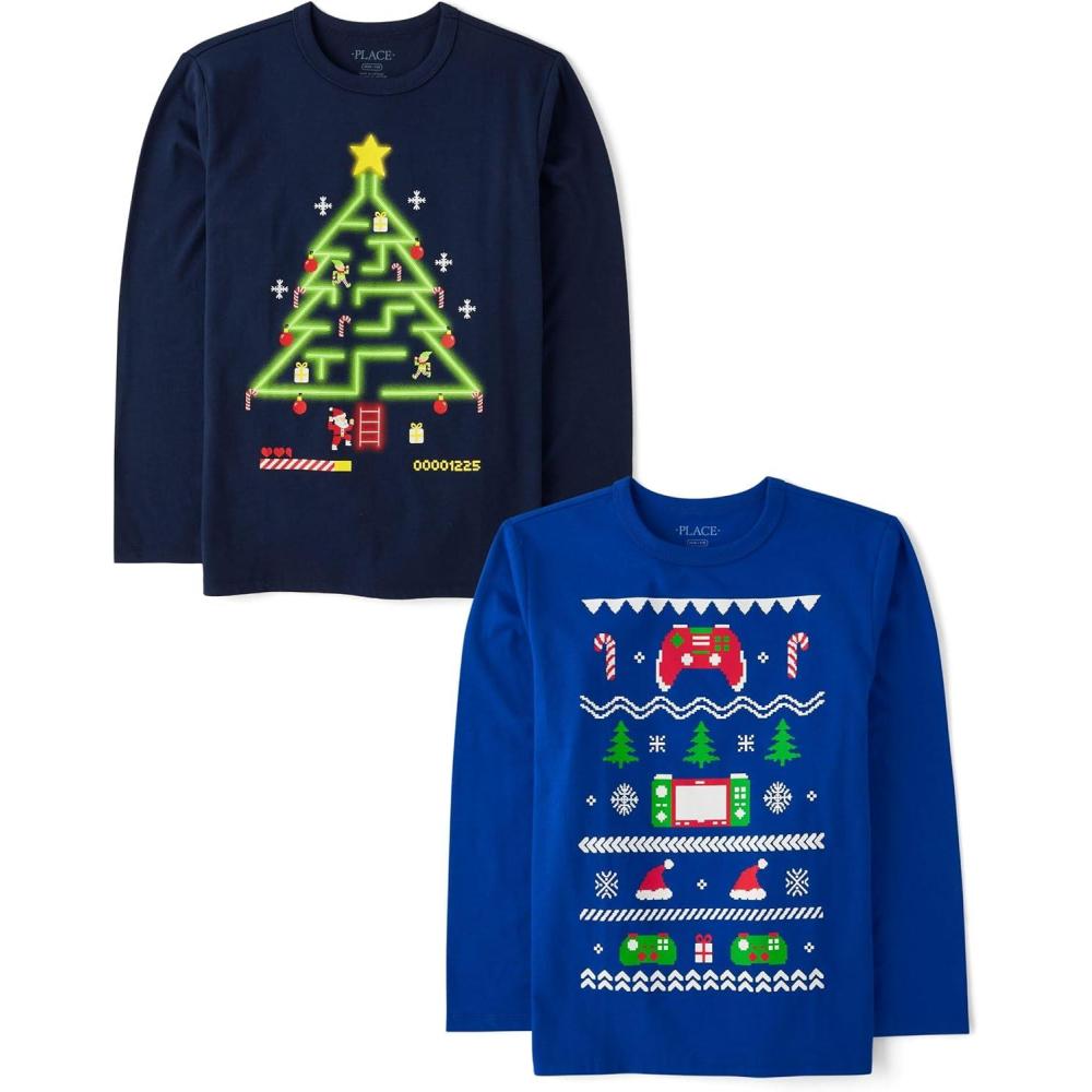 imageThe Childrens Place Kids All HolidaysBirthdays Long Sleeve Graphic TShirts2 PackHoliday Gamer
