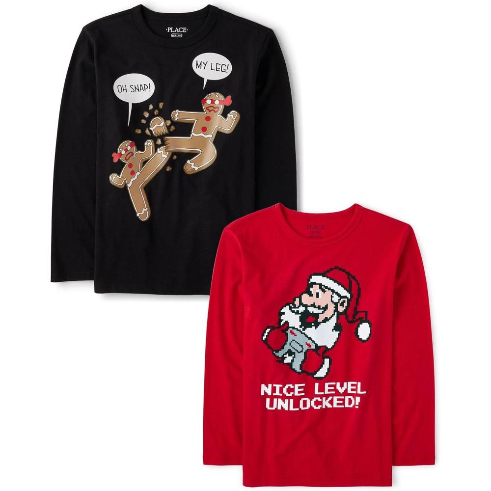 imageThe Childrens Place Kids All HolidaysBirthdays Long Sleeve Graphic TShirts2 PackNice LevelOh Snap My Leg
