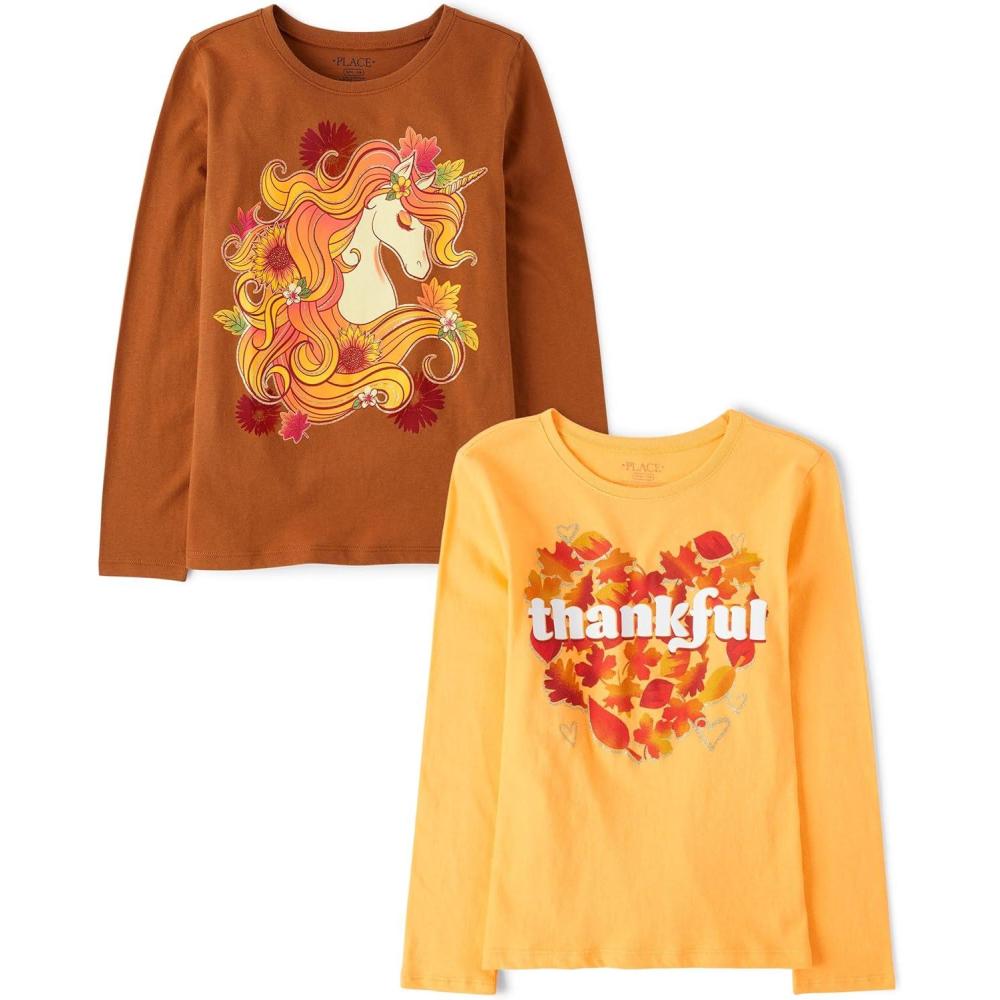 imageThe Childrens Place Kids All HolidaysBirthdays Long Sleeve Graphic TShirts2 PackSunflower UnicornThankful