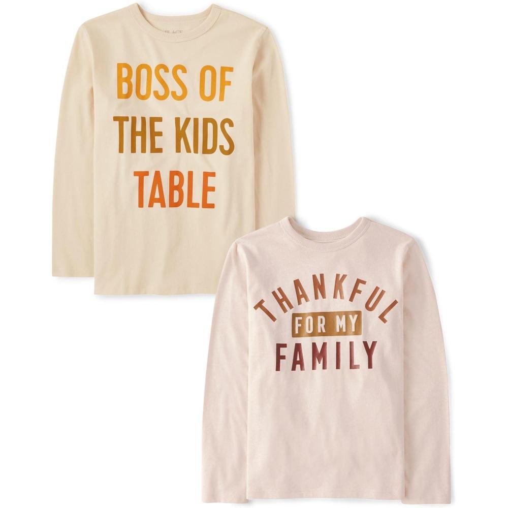 imageThe Childrens Place Kids All HolidaysBirthdays Long Sleeve Graphic TShirts2 PackThankful FamilyBoss of Kids Table