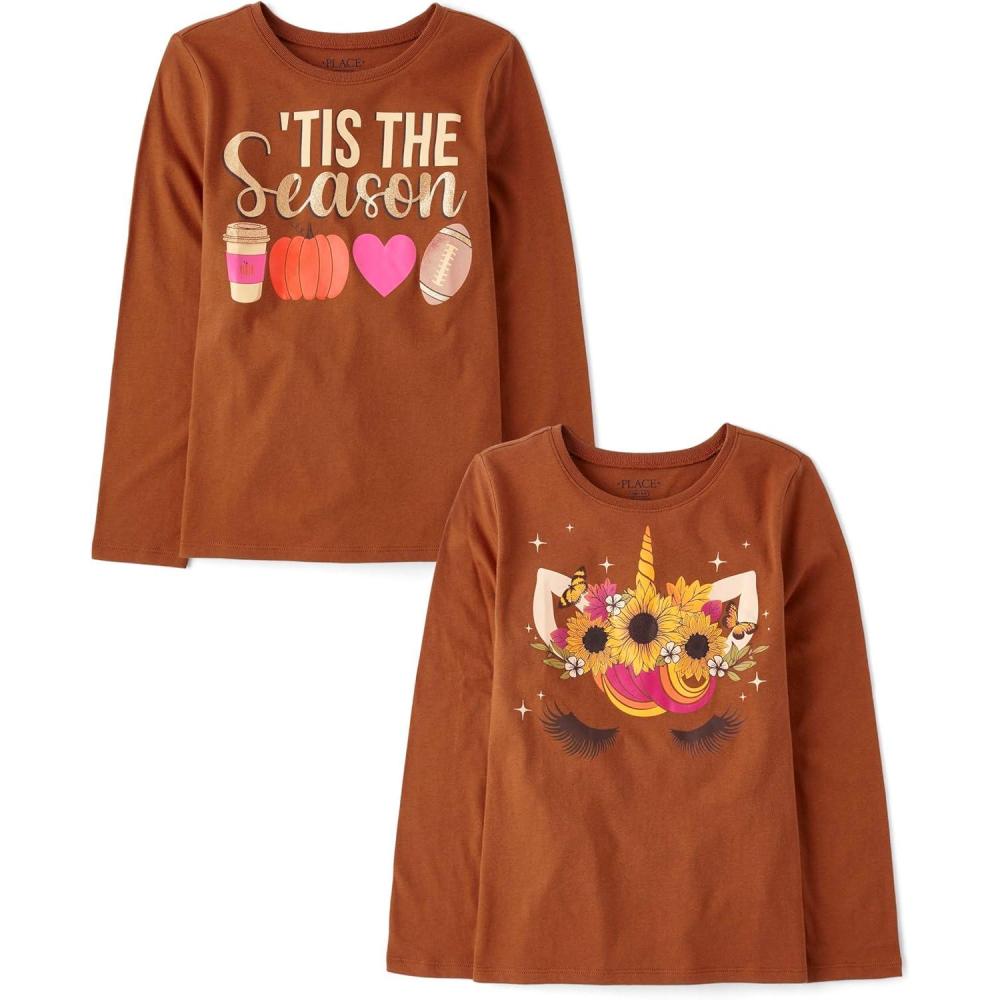 imageThe Childrens Place Kids All HolidaysBirthdays Long Sleeve Graphic TShirts2 PackTis the SeasonUnicorn Flower