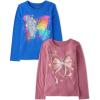 The Children’s Place Girls’ Unicorns,Sports,Butterflies Long Sleeve Graphic T-Shirts,2 Pack(Bow Heart/Rainbow Butterfly)