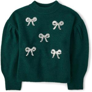 The Children’s Place Girls’ Long Sleeve Crew Neck Pullover Sweater(Balt Green Bows)