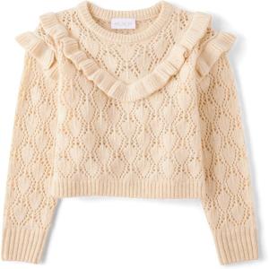 The Children’s Place Girls’ Long Sleeve Crew Neck Pullover Sweater(Beige Ruffle)