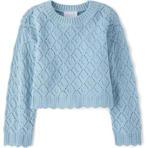 The Children’s Place Girls’ Long Sleeve Crew Neck Pullover Sweater(Chalk Blue Crochet)