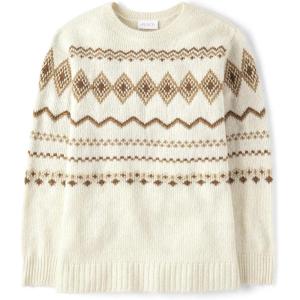 The Children’s Place Girls’ Long Sleeve Crew Neck Pullover Sweater(Cinnamon Fairisle)
