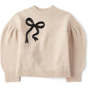 The Children’s Place Girls’ Long Sleeve Crew Neck Pullover Sweater(Fading Rose Bow)
