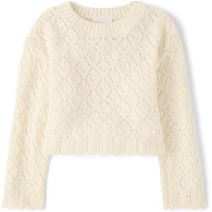 The Children’s Place Girls’ Long Sleeve Crew Neck Pullover Sweater(Fair Ivory Crochet)