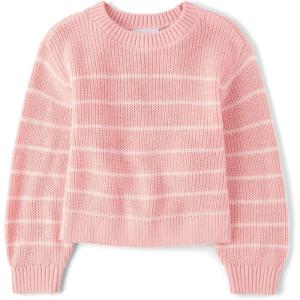 The Children’s Place Girls’ Long Sleeve Crew Neck Pullover Sweater(Fuzzy Pink Stripe)