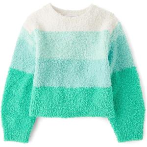 The Children’s Place Girls’ Long Sleeve Crew Neck Pullover Sweater(Mellow Aqua Stripe)