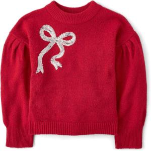 The Children’s Place Girls’ Long Sleeve Crew Neck Pullover Sweater(Red Bow)
