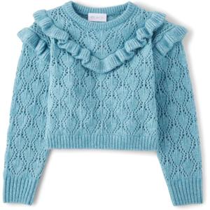 The Children’s Place Girls’ Long Sleeve Crew Neck Pullover Sweater(Winter Sky Ruffle)