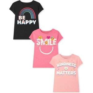 The Children’s Place Girls’ Sports,Trends,Icons Short Sleeve Graphic T-Shirts,3 Pack(Be Happy/Smile/Kindness Matters)