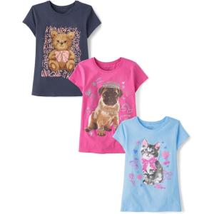 The Children’s Place Girls’ Sports,Trends,Icons Short Sleeve Graphic T-Shirts,3 Pack(Bear/Dog/Cat)