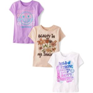 The Children’s Place Girls’ Sports,Trends,Icons Short Sleeve Graphic T-Shirts,3 Pack(Beauty/Positive/Optimist)