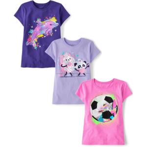 The Children’s Place Girls’ Sports,Trends,Icons Short Sleeve Graphic T-Shirts,3 Pack(Dolphin/Pandas/Soccer Ball)