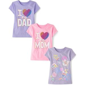 The Children’s Place Girls’ Sports,Trends,Icons Short Sleeve Graphic T-Shirts,3 Pack(Doodles/Heart Mom/Heart Dad)