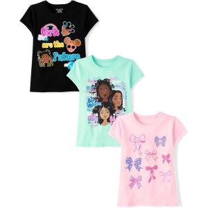 The Children’s Place Girls’ Sports,Trends,Icons Short Sleeve Graphic T-Shirts,3 Pack(Future/Girls/Bows)