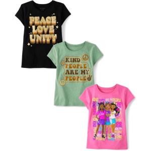 The Children’s Place Girls’ Sports,Trends,Icons Short Sleeve Graphic T-Shirts,3 Pack(Girl/Peace/Kind People)