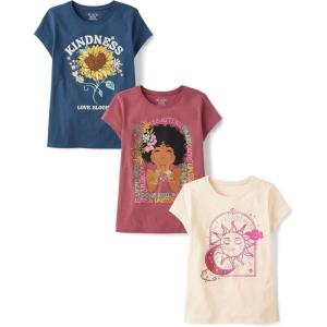 The Children’s Place Girls’ Sports,Trends,Icons Short Sleeve Graphic T-Shirts,3 Pack(Kindness/Girl/Sun Moon)