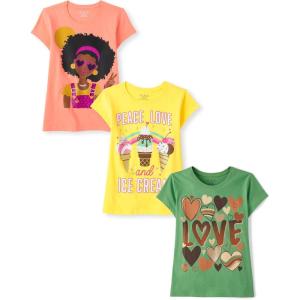 The Children’s Place Girls’ Sports,Trends,Icons Short Sleeve Graphic T-Shirts,3 Pack(Love Ice Cream/Girl Peace/Love)
