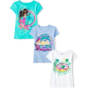 The Children’s Place Girls’ Sports,Trends,Icons Short Sleeve Graphic T-Shirts,3 Pack(Mermaid/Paradise/Cat Float)