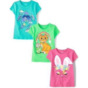 The Children’s Place Girls’ Sports,Trends,Icons Short Sleeve Graphic T-Shirts,3 Pack(Turtle/Cat/Bunny)