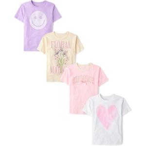 The Children’s Place Girls’ Trends,Icons Short Sleeve Graphic T-Shirts,4 Pack(Kindness/Face/Floral/Heart)