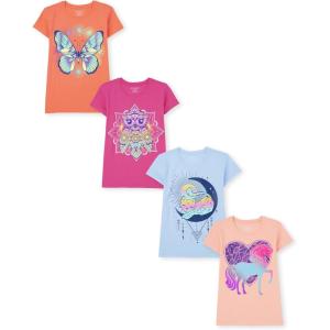 The Children’s Place Girls’ Trends,Icons Short Sleeve Graphic T-Shirts,4 Pack(Owl/Butterfly/Unicorn/Cat)